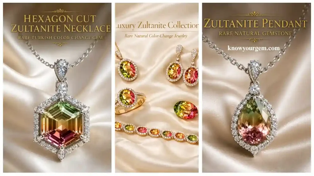The image shows color changing zultanite earrings, ring, stone bracelet and necklaces in one frame