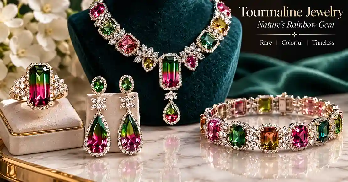 The image showcases mining, tourmaline stones, crafting them, cutting them and making tourmaline jewelry through modern technology