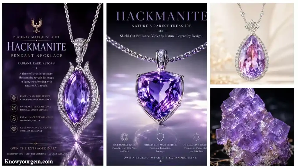 Hackmanite long necklace, hackmanite pendant, hackmanite pearl cut necklace show the glows of the purple color.