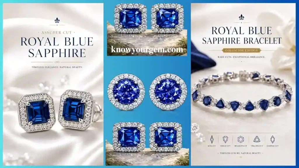 Asscher cut royal blue sapphire earring stud earrings and bracelet displays most striking gem Royal blue sapphire
