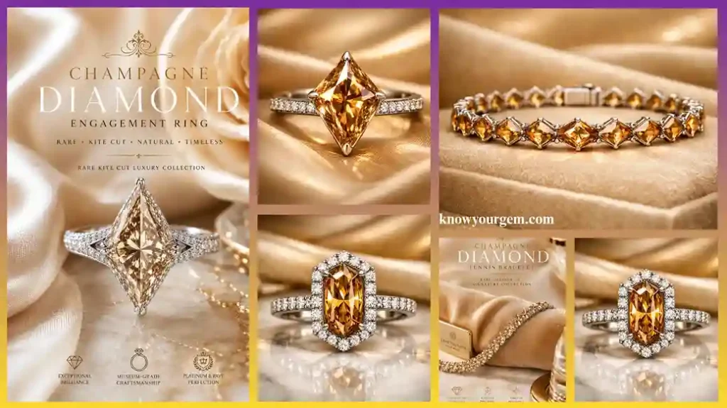 Champagne diamond engagement ring, champagne diamond vintage inspired ring, champagne diamond kite cut ring