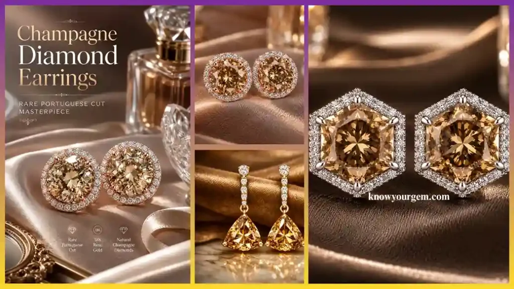  diamond earring, champagne diamond studs, champagne diamond drop earring