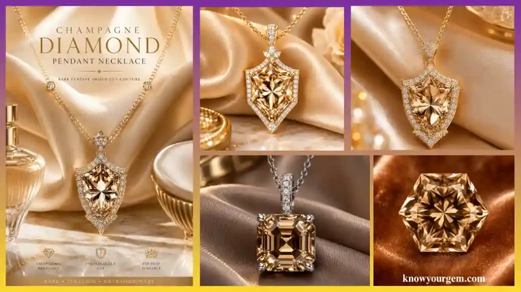 champagne diamond  pendant necklace, champagne diamond triangle cut necklace are looking stunning in this frame