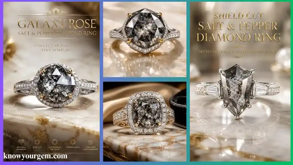 salt and pepper diamond different designs of rings are beautifully displayed, they shows their natural glow