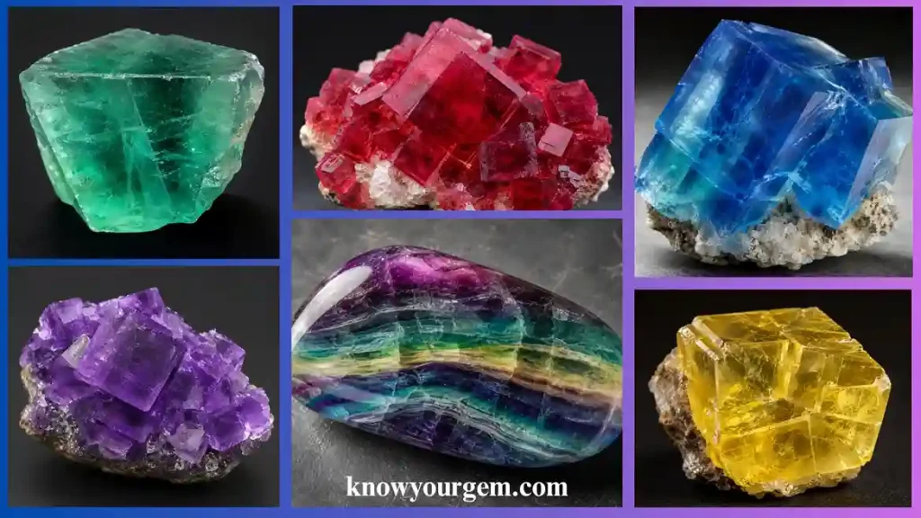 Green fluorite, red fluorite, blue fluorite, yellow fluorite, purple fluorite and rainbow fluorite.