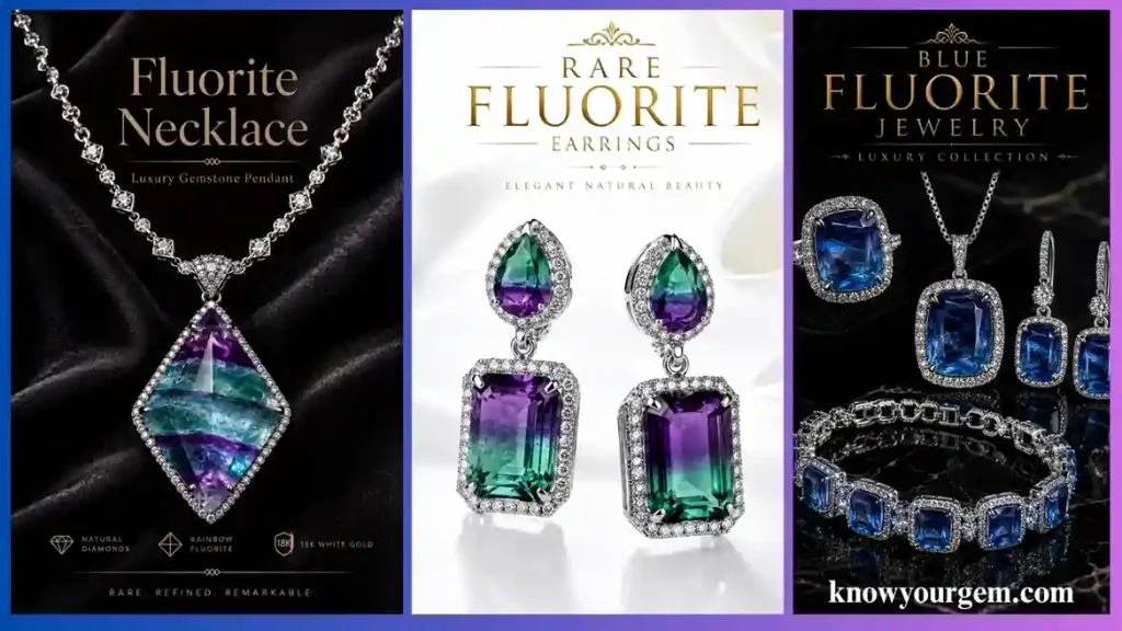 fluorite earrings,, fluorite pendant, blue fluorite bracelet, blue fluorite ring are in one frame