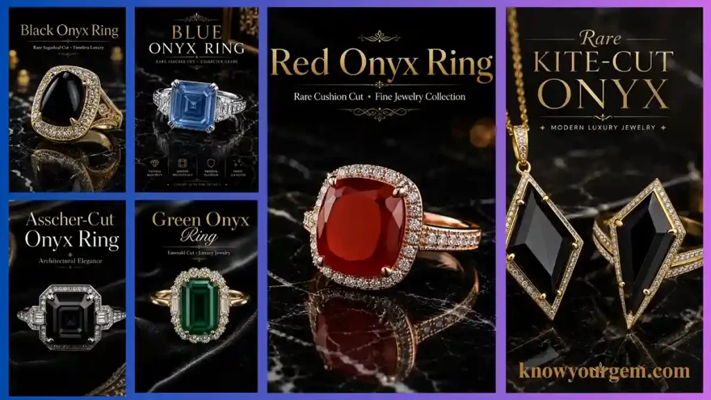 Black onyx ring, blue onyx ring, red onyx ring, kite cut black onyx ring and necklace, green onyx ring all are looking brilliant in one frame