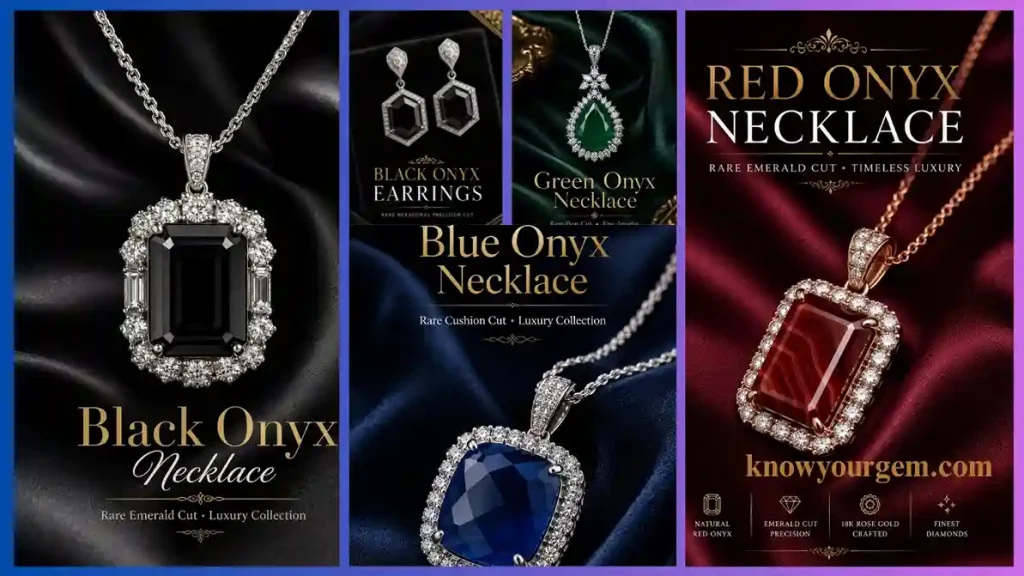 Black onyx necklace, blue onyx necklace, black onyx earrings, blue onyx necklaces, green onyx necklaces, and red onyx necklace all are in one frame while glowing their different colors.