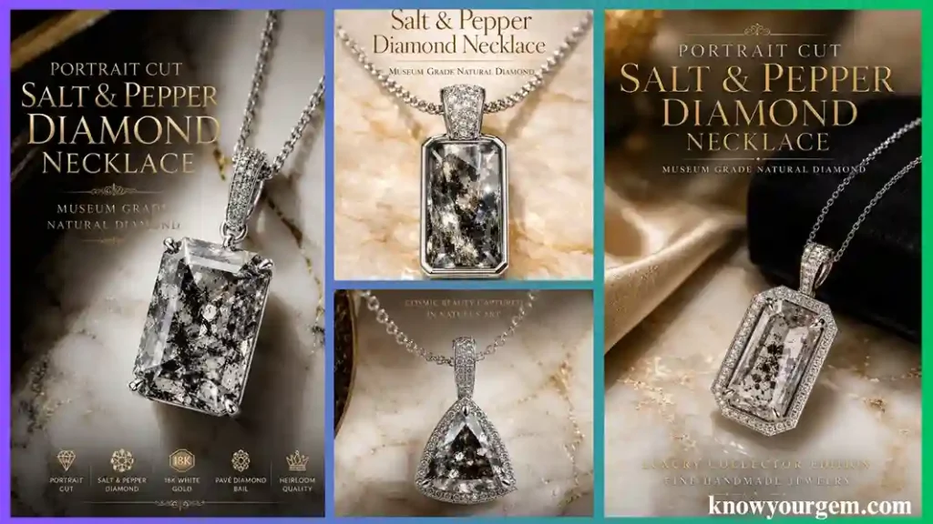 Portrait cut salt and pepper diamond necklace, exhibit the natural glow of the black and white diamond also displays beautiful white gold metal setting