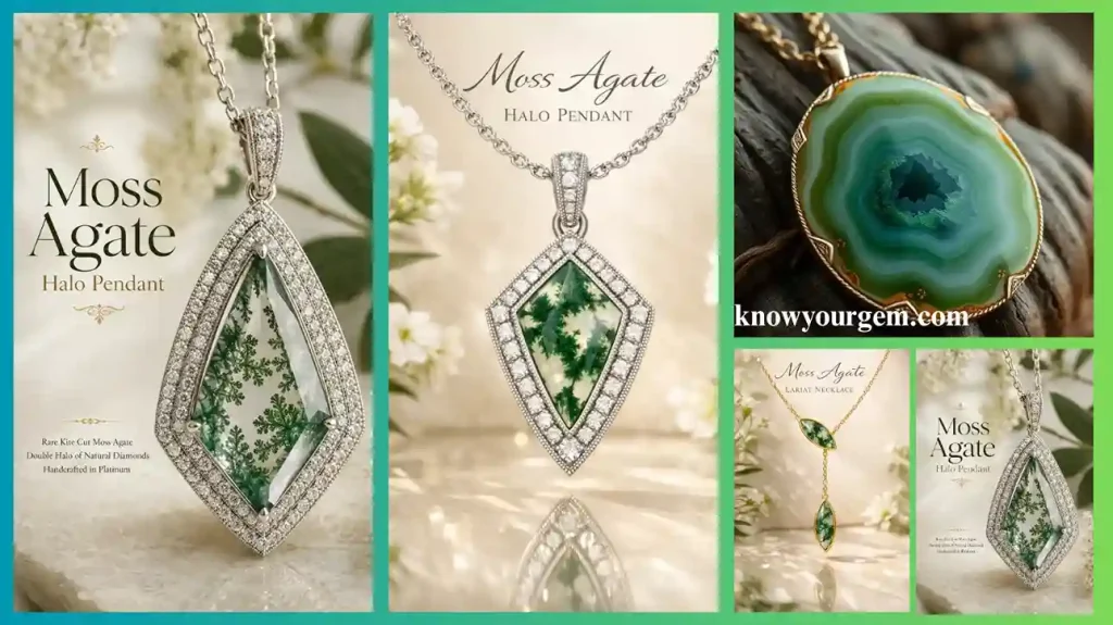 Moss agate halo pendants are showing their most brilliant glow