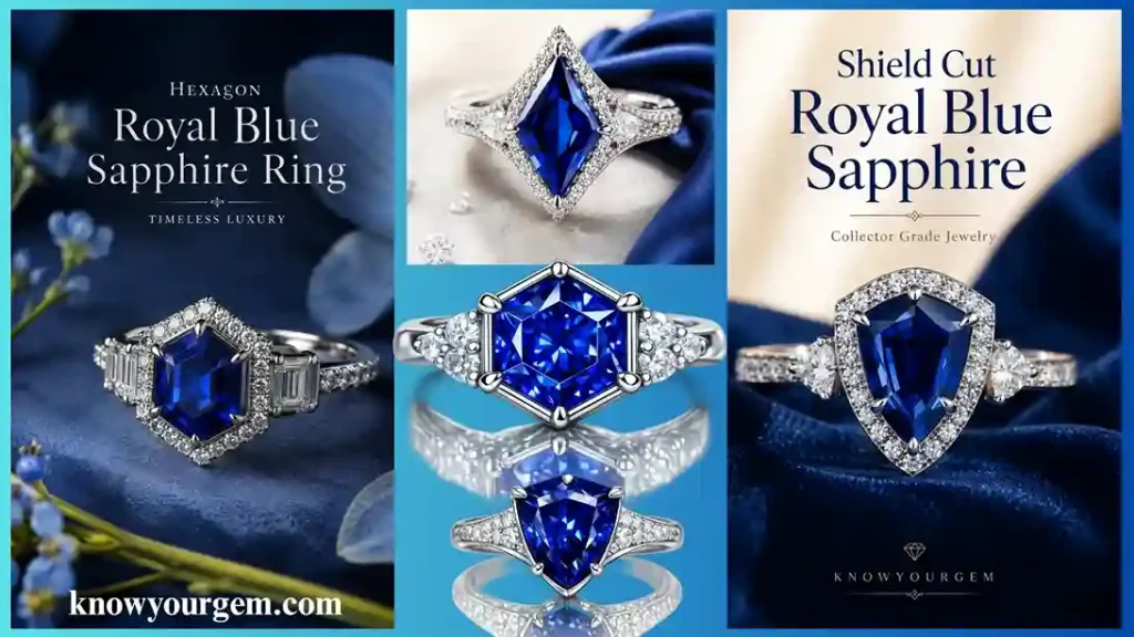 Hexagon royal blue sapphire ring, shield cut royal blue sapphire daily wear rings are displaying an authentic most beautiful blue sapphire