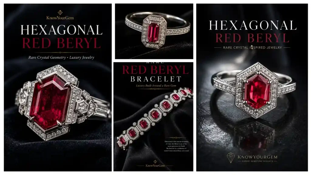 hexagonal red beryl ring, red beryl bracelet, red beryl engagement rings
