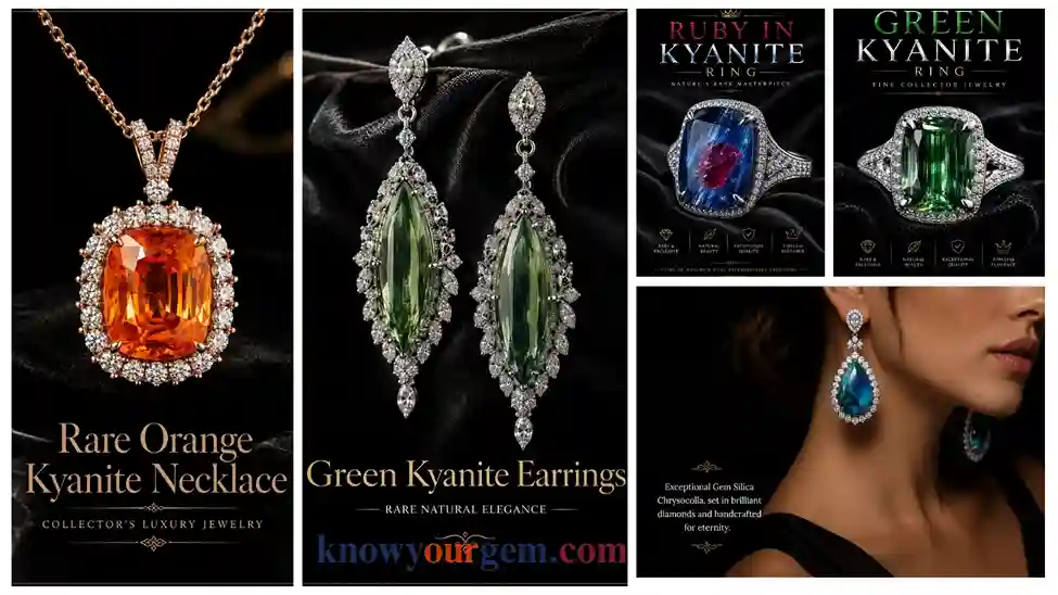orange kyanite necklace, green kyanite earrings, kyanite in ruby ring, green kyanite ring, blue kyanite earrings