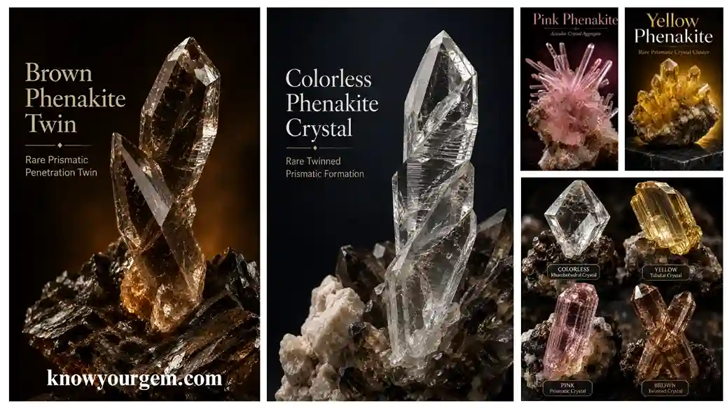 colorless phenakite, brown phenakite, pink phenakite, pink phenakite