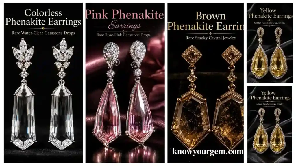 colorless phenakite earrings, brown phenakite earrings, pink phenakite earrings