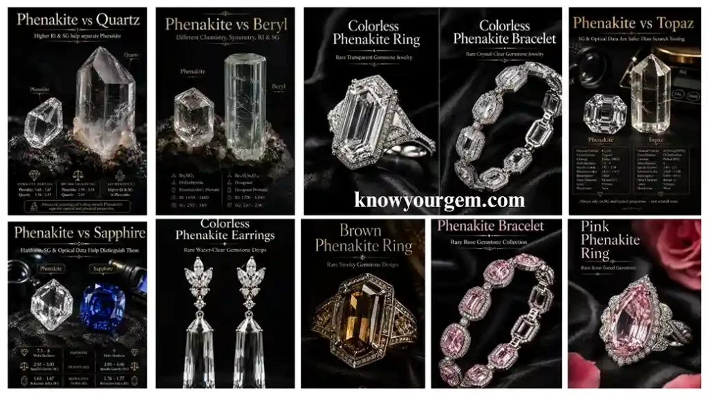 Phenakite vs quartz, phenakite vs beryl, phenakite vs topaz, phenakite vs sapphire, pink phenakite bracelet, brown phenakite ring, pink phenakite ring.