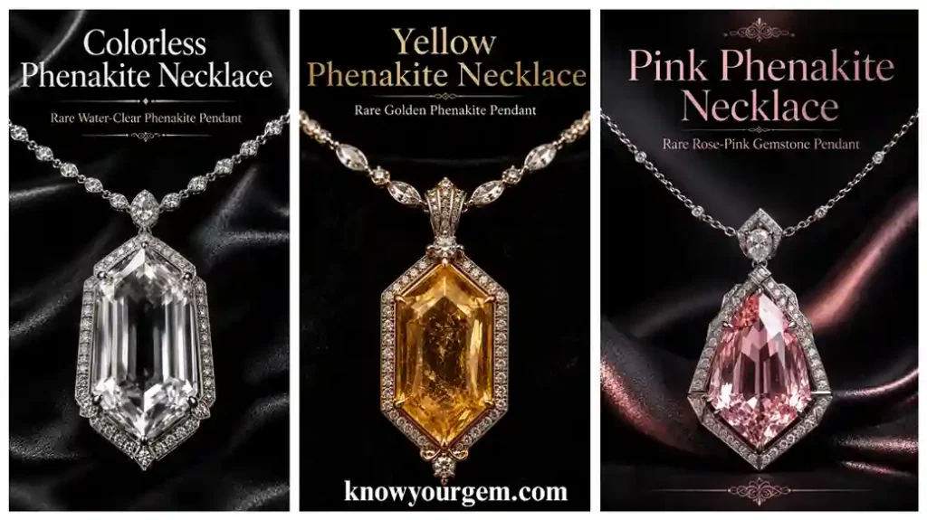 Pink phenakite necklace, yellow phenakite necklace, colorless phenakite necklace