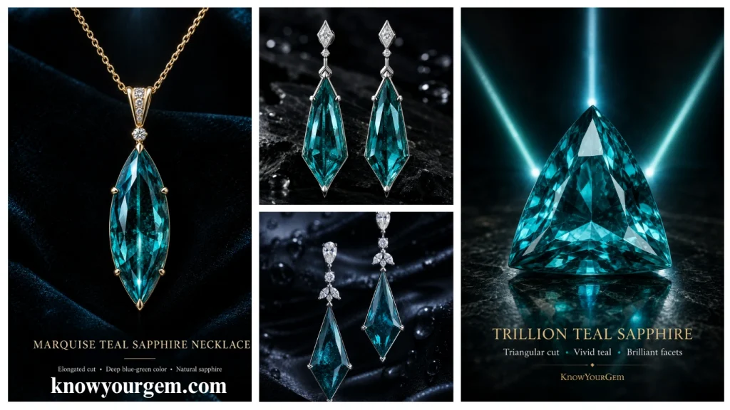 teal sapphire necklaces, teal sapphire earrings, teal sapphire stone, blue-green sapphire necklace,