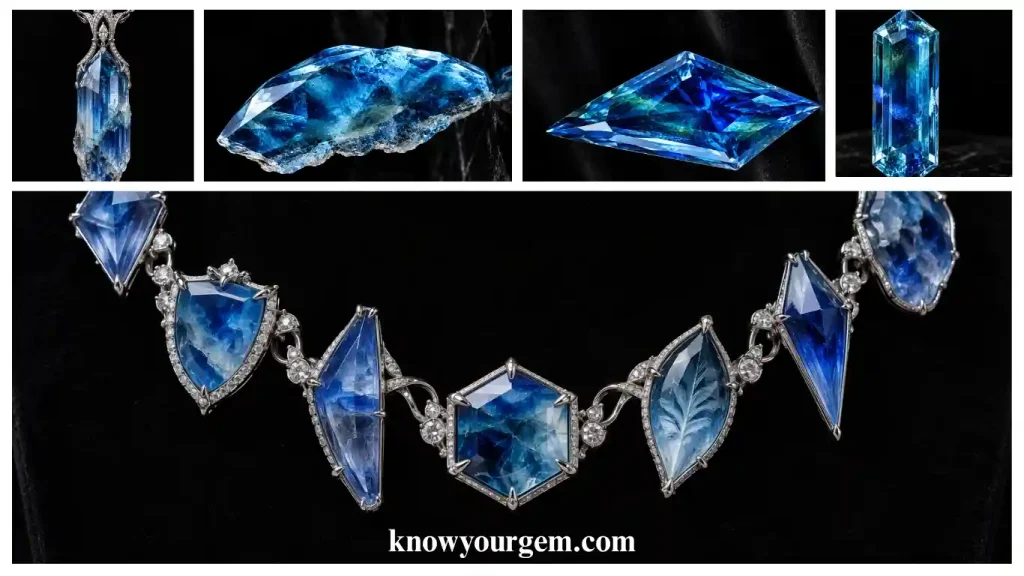 Different blue gemstone shapes and blue gemstone necklace