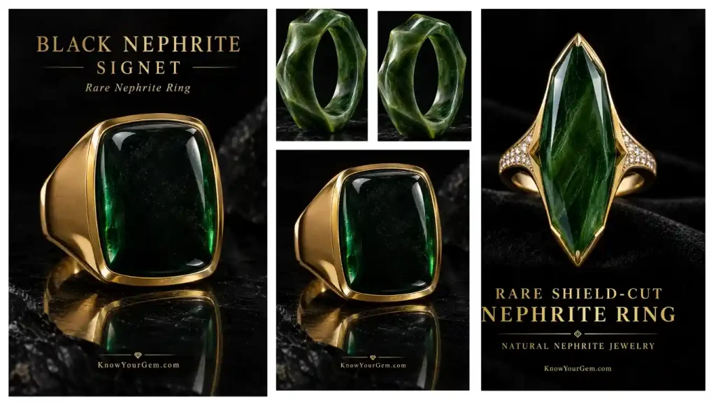 Black Nephrite signet rings, rare shield cut Nephrite rings and bracelets