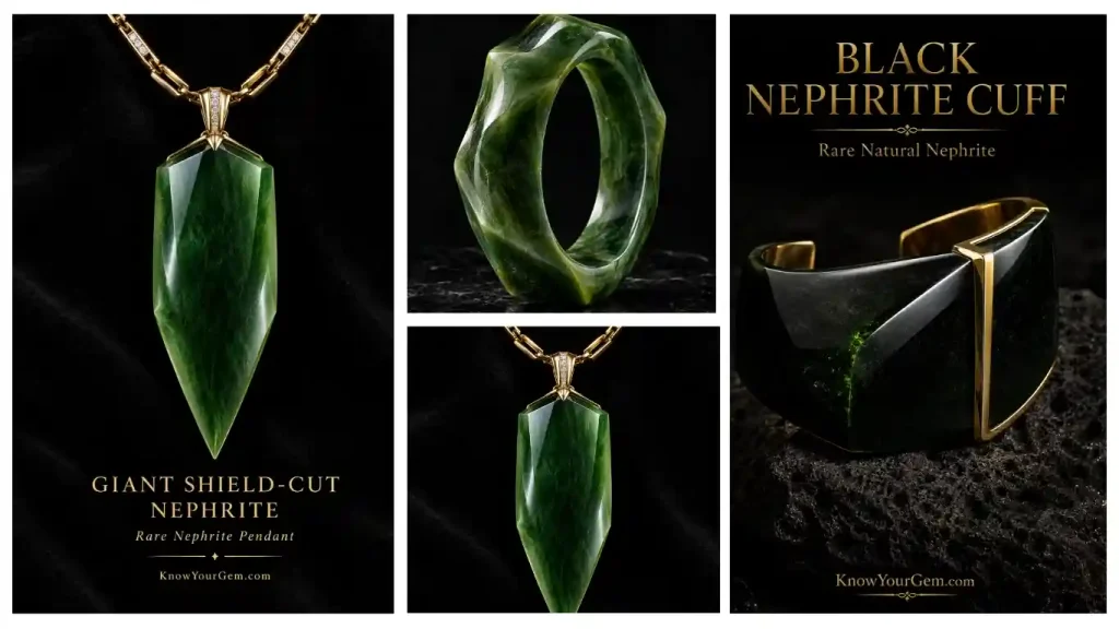 Giant shield cut Nephrite pendant, black Nephrite cuff