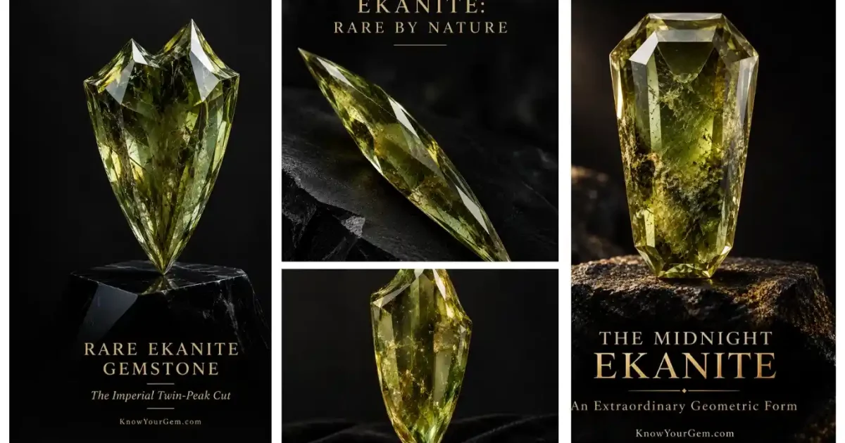 A three-panel promotional graphic showcasing rare natural olive-green ekanite gemstone pendants set in polished yellow gold bezels with diamond accents, displayed on black velvet fabric for KnowYourGem.com.