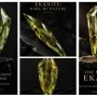 A three-panel promotional graphic showcasing rare natural olive-green ekanite gemstone pendants set in polished yellow gold bezels with diamond accents, displayed on black velvet fabric for KnowYourGem.com.