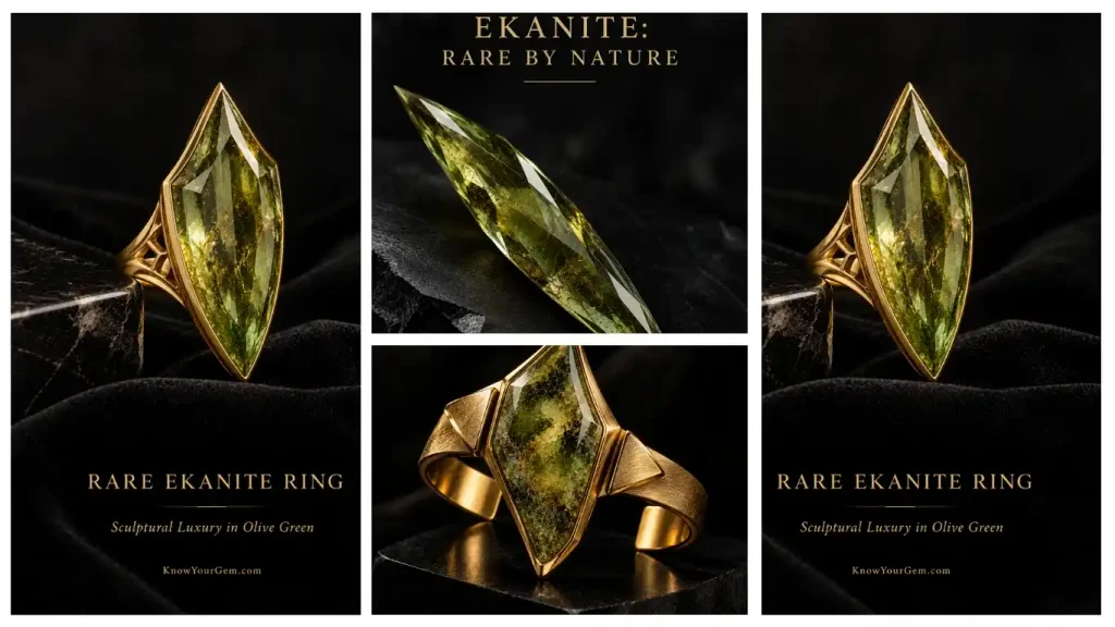 A three-panel luxury display featuring an exquisite olive-green ekanite statement ring in a yellow gold mounting, a precision-faceted ekanite stone, and a sculptural ekanite cuff bracelet on black velvet for KnowYourGem.com.