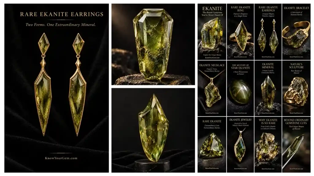 A multi-panel promotional showcase featuring rare natural ekanite earrings, precision-cut olive-green ekanite gemstones, rough mineral specimens, and luxury fine jewelry designs on black textured displays by KnowYourGem.com.