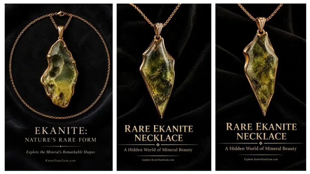 A three-panel showcase highlighting rare natural ekanite gemstones featuring the imperial twin-peak cut, elongated precision faceting, and olive-green crystal formations displayed on dark marble and mineral rock for KnowYourGem.com.