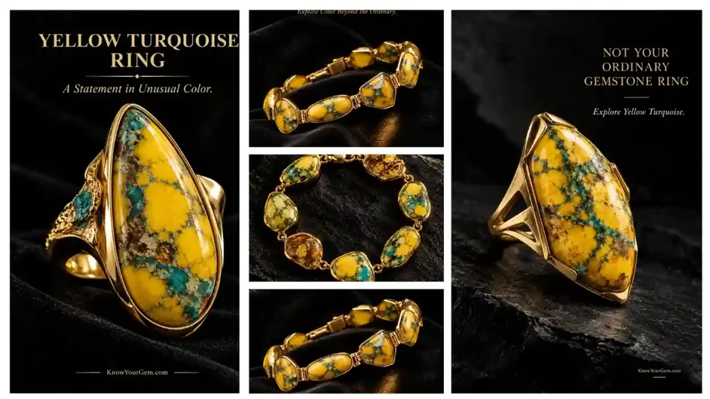Collection of luxury 18K gold yellow turquoise jewelry by KnowYourGem, featuring a marquise cut yellow turquoise pendant necklace, pear cut ring, and drop earrings.