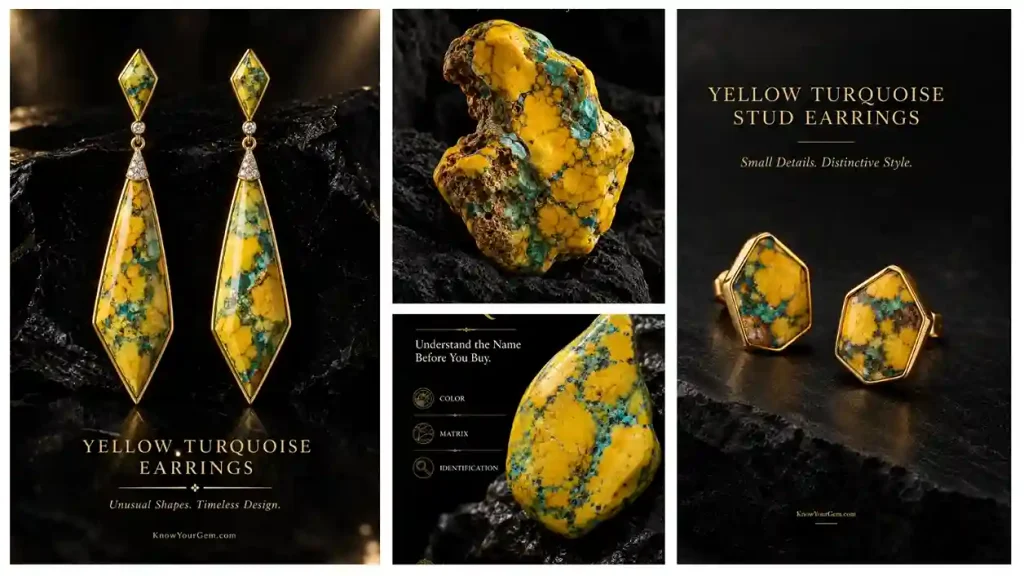 Pair of geometric yellow turquoise drop earrings and matching stud earrings set in 18k gold next to a rough yellow turquoise gemstone specimen.