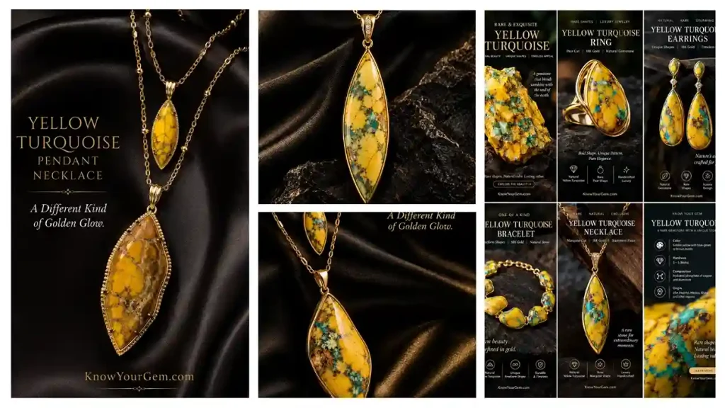 Collection of luxury 18K gold yellow turquoise jewelry by KnowYourGem, featuring a marquise cut yellow turquoise pendant necklace, pear cut ring, and drop earrings.