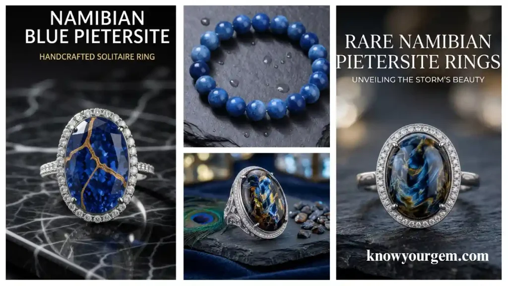 Handcrafted Namibian blue pietersite gemstone solitaire halo ring with gold veins, chatoyant storm stone cabochon ring, and blue gemstone bead bracelet.