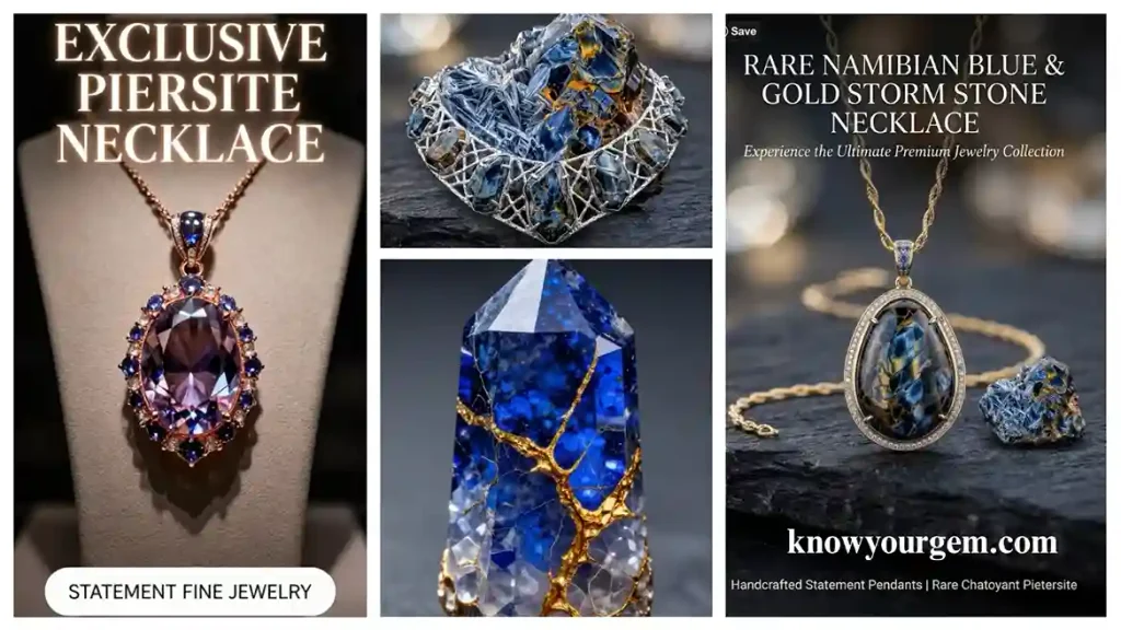 Rare Namibian blue and gold storm stone necklace pendant set in gold, featuring statement fine jewelry pieces and chatoyant pietersite crystal tower.