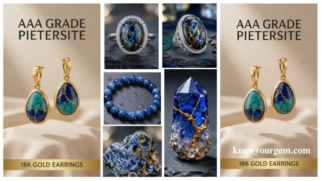 AAA grade 18k gold pietersite tear-drop earrings, chatoyant blue pietersite oval halo ring, blue gemstone bead bracelet, and rough storm stone crystal.