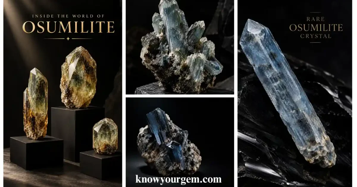 Rare raw osumilite mineral specimens and natural prism formations on black display pedestals by knowyourgem.com