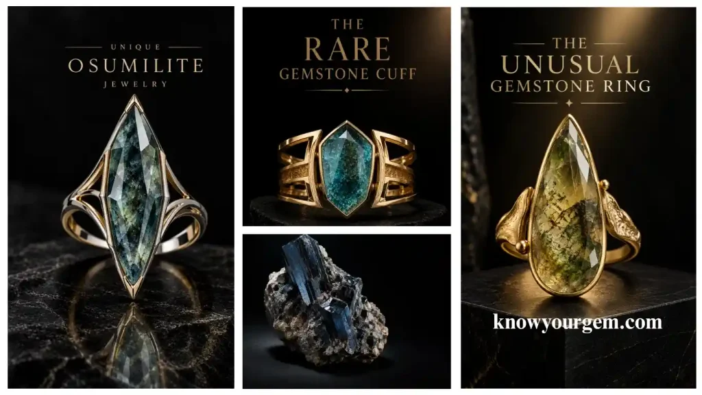 Unique marquise-cut and pear-cut osumilite gemstone gold rings with a rare gemstone cuff ring