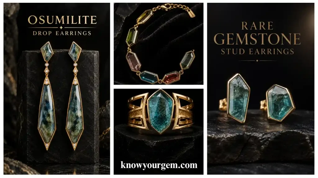 Handcrafted gold osumilite drop earrings, multi-gemstone bracelet, statement ring, and stud earrings