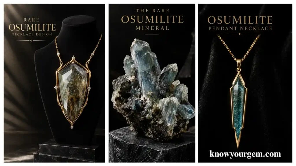Handcrafted gold osumilite drop earrings, multi-gemstone bracelet, statement ring, and stud earrings